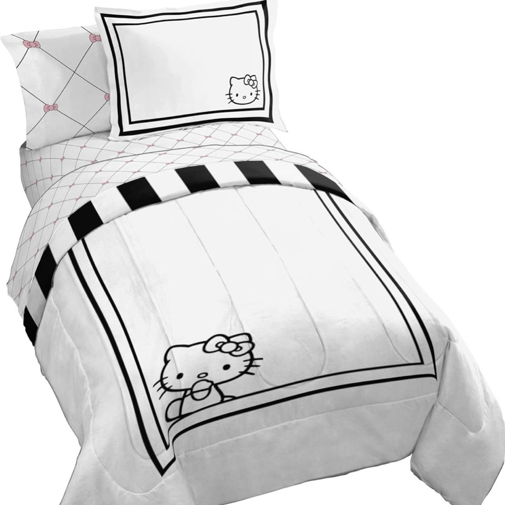 Hello Kitty 5 Piece Twin Comforter Set Includes Sheets & Pillow Cover - White